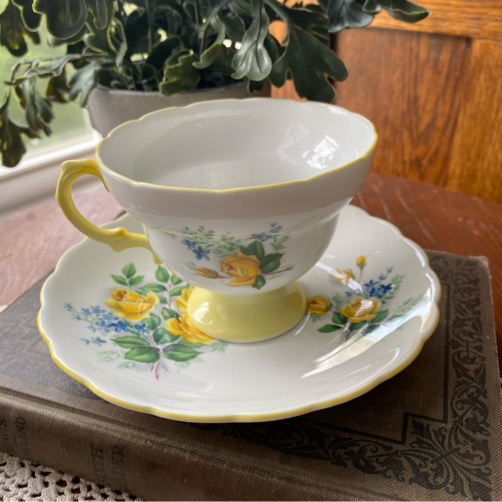 Vintage Rosina June Rose English Bone China Teacup and Saucer Set Yellow Flowers